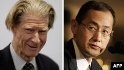A combination of two recent pictures shows at Left John Gurdon of Britain and at Right Shinya Yamanaka of Japan, who both won the Nobel Prize on October 8, 2012 for work in cell programming.