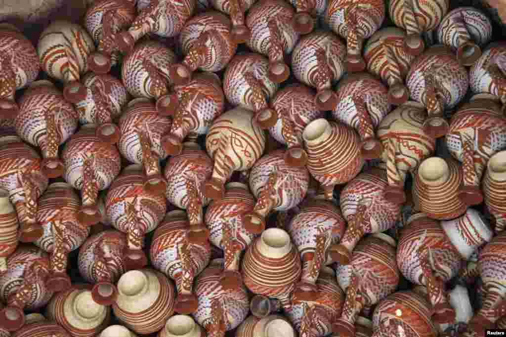 Jugs are displayed on sale at a pottery workshop in the southern Lebanese village of Rashaya al-Foukhar.