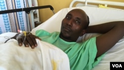 Salah Sabdow Farah was shot when the bus he was traveling in was attacked by al-Shabab militants in December 2015. He is recovering at Nairobi's Kenyatta National Hospital in January 2016.(J. Craig/VOA)