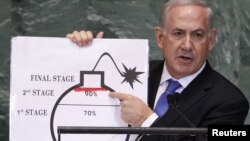 بنیامین نتانیاهو می گوید ایران تا تابستان آینده می تواند بمب اتم بسازد.