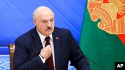 Belarusian President Alexander Lukashenko speaks during a press conference in Minsk, Belarus, Aug. 9, 2021. (Nikolay Petrov/BelTA photo via AP)