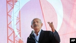FILE - Kemal Kilicdaroglu, leader of Turkey's main opposition Republican's People Party, or CHP, speaks during an event in Canakkale, Turkey, Aug. 26, 2017. 