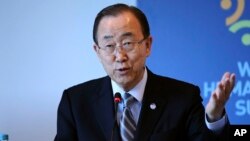 FILE - United Nations Secretary General Ban Ki-moon speaks in Istanbul on May 24, 2016. A diplomatic feud between Saudi Arabia and U.N. Secretary-General Ban Ki-moon is escalating. 