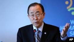 United Nations Secretary General Ban Ki-moon speaks during a side event entitled: "Mayor’s Focus Session: Cities’ Response to Migration" at the the World Humanitarian Summit in Istanbul, Tuesday, May 24, 2016.