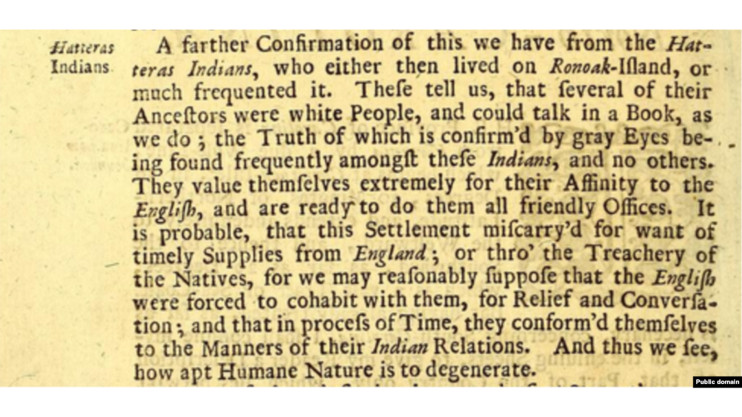 Detalj iz "Prvo putovanje do Roanokea, 1584.: prvo putovanje obalama Amerike, u kojem su bili kapetani M. Philip Amadas i M. Arthur Barlowe, koji su otkrili dio zemlje koja se sada zove Virginia, godina 1584."