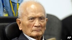 Nuon Chea, who was the Khmer Rouge's chief ideologist and No. 2 leader, waits before his final statements at the U.N.-backed war crimes tribunal in Phnom Penh, Cambodia, Thursday, Oct. 31, 2013.