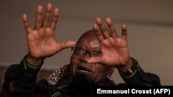 FILE: Former South African president Jacob Zuma addresses the media in his home in Nkandla, KwaZulu-Natal on July 4, 2021. 