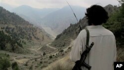 파키스탄 북와지리스탄 지역에서 도로를 살피고 있는 파키스탄 탈레반 병사. (자료사진)