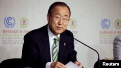 FILE - U.N. Secretary-General Ban Ki-moon speaks at the World Climate Change Conference 2016 in Marrakech, Morocco, Nov. 15, 2016.