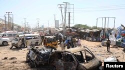 A general view shows the scene of a truck bomb explosion at a checkpoint in Mogadishu, Somalia, Dec. 28, 2019. 