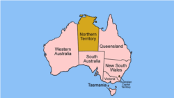 A map of Australia showing the territory names, with the Northern Territory highlighted.