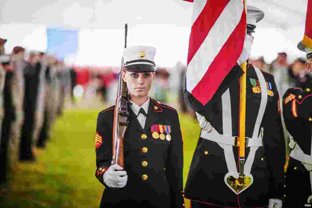 U.S. Marines present the colors at the Fourth of July party in a tent on the lawn of the U.S. Ambassador’s residence in Tallinn, Estonia. (Vera Undritz/VOA)