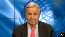 El secretario general de la ONU, Antonio Guterres habla en una transmisión de video del Ministerio de Medio Ambiente de Japón, el 3 de septiembre de 2020.