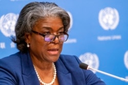 FILE - U.S. Ambassador to the United Nations Linda Thomas-Greenfield speaks to reporters at United Nations headquarters, March 1, 2021.