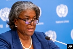 FILE - U.S. Ambassador to the United Nations Linda Thomas-Greenfield speaks to reporters during a news conference at U.N. headquarters in New York, March 1, 2021.
