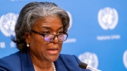 린다 토머스-그린필드 유엔주재 미국 대사가 뉴욕에서 기자회견하고 있다. (자료사진)
