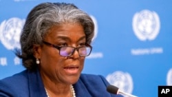 린다 토머스-그린필드 유엔주재 미국 대사가 뉴욕에서 기자회견하고 있다. (자료사진)