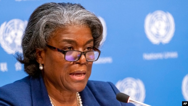 FILE - In this March 1, 2021 photo, US Ambassador to the United Nations Linda Thomas-Greenfield speaks to reporters during a news conference at United Nations headquarters.