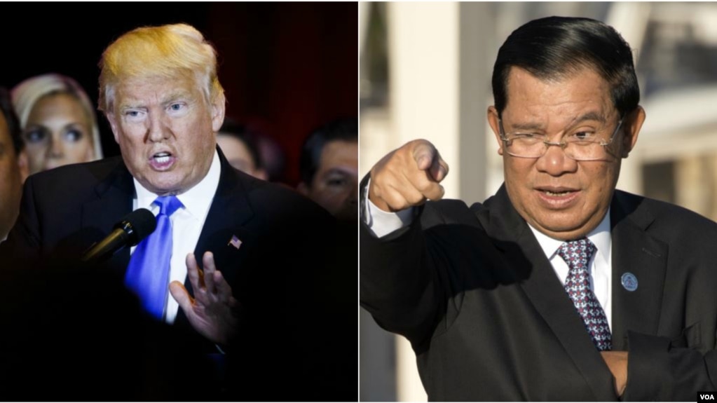 លោក Donald Trump (ឆ្វេង) ប្រធានាធិបតីសហរដ្ឋអាមេរិក និងលោកនាយករដ្ឋមន្ត្រីហ៊ុន សែន។ (epa/AP)