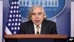 Energy Secretary Dr. Ernest Moniz speaks to the media during the daily briefing in the Brady Press Briefing Room of the White House in Washington, Monday, April 6, 2015.