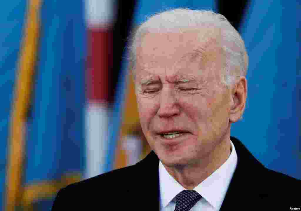 U.S. President-elect Joe Biden gets emotional while speaking during an event at Major Joseph R. &quot;Beau&quot; Biden III National Guard/Reserve Center at New Castle County Airport in New Castle, Delaware, Jan. 19, 2021.