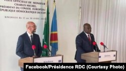 Umukuru w'akana ka Buraya, Charles Michel (ibubamfu) na Perezida Félix Tshisekedi i Kinshasa, RDC, kw'itariki ya 29/04/2021