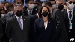 U.S. Vice President Kamala Harris, right, attends the inauguration of Honduras' first female President Xiomara Castro at the National stadium in Tegucigalpa, Honduras, Jan. 27, 2022.