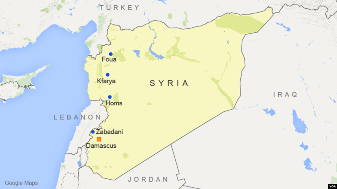 Homs, Zabadani, Foua, and Kfarya, Syria.