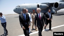 U.S. Defense Secretary James Mattis is greeted by Djibouti's Minister of Defense Ali Hasan Bahdon as he arrives at Djibouti-Ambouli International Airport in Ambouli, Djibouti, April 23, 2017. 