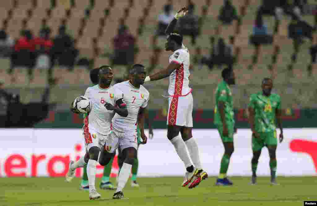 Guinea&#39;s Naby Keita celebrates scoring their first goal against Zimbabwe; Cameroon, Jan. 18, 2022.