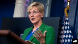 FILE - In this May 11, 2021 file photo Energy Secretary Jennifer Granholm speaks during a press briefing at the White House in Washington. (AP Photo/Evan Vucci, File)