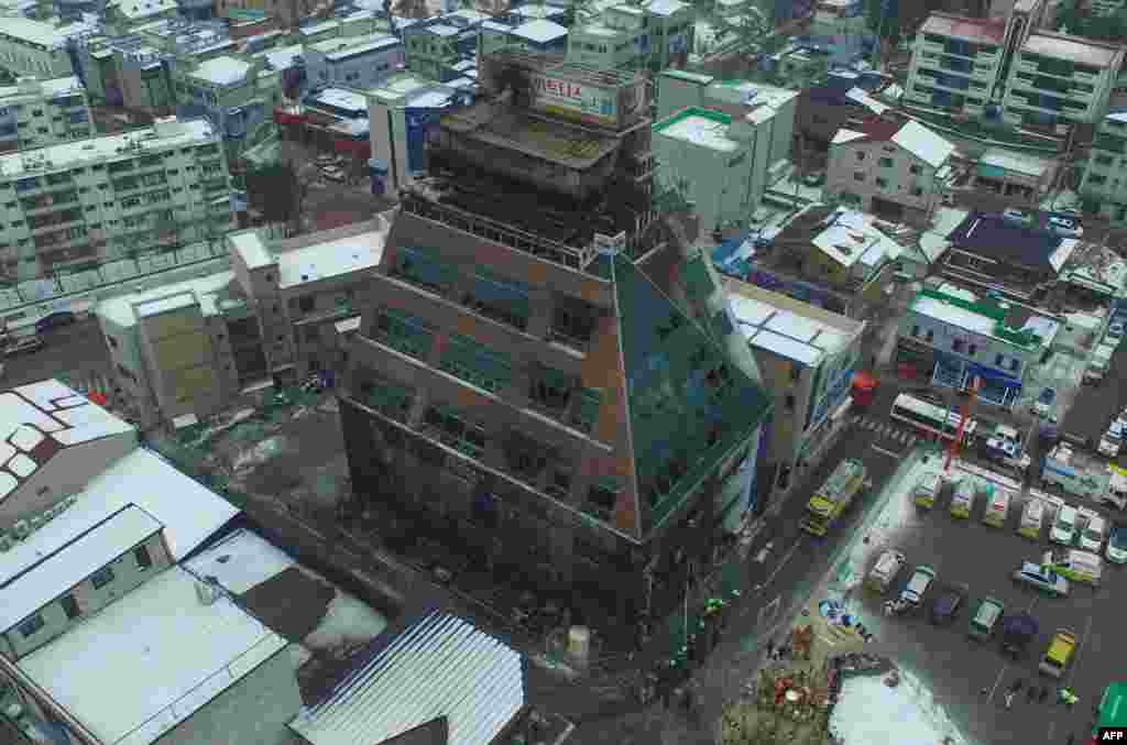 This general view shows an eight-story building damaged in a blaze which killed 29 people and injured 29 others in the southern city of Jecheon, South Korea.