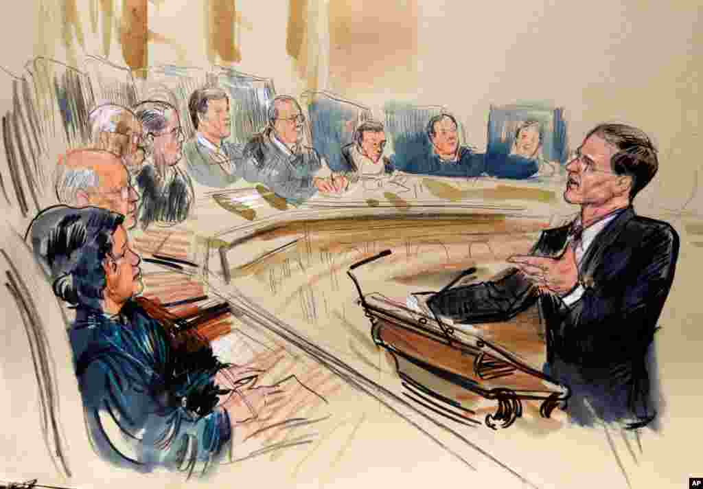 This artist rendering shows attorney Gregory G. Katsas speaking in front of the Supreme Court, March 26, 2012. (AP)