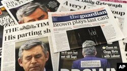 Selection of British national newspapers featuring headlines about Prime Minister Gordon Brown's decision to stand down as Labour leader, an "important element" in negotiations on a possible power-sharing deal, 11 May 2010