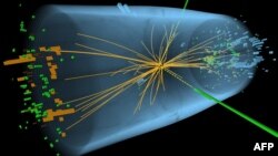 An undated handout graphic distributed on July 4, 2012 by the European Organization for Nuclear Research (CERN) in Geneva shows a representation of traces of traces of a proton-proton collision measured in the Compact Muon Solenoid (CMS) experience in the