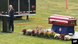 Kip Soviak speaks during the funeral of his son, Navy Corpsman Maxton Soviak, at Edison High School Stadium in Milan, Ohio.&nbsp;Maxton was one of 13 U.S. troops killed in a suicide bombing at Afghanistan&#39;s Kabul airport on Aug. 26.
