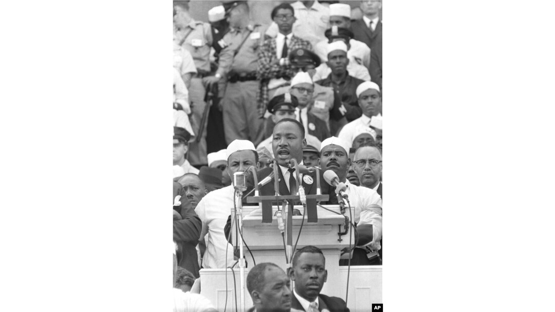 FILE - Martin Luther King Jr., head of the Southern Christian Leadership Conference, addresses marchers during his "I Have a Dream" speech at the Lincoln Memorial in Washington, Aug. 28, 1963.