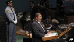 Mohammed Morsi, President of Egypt, addresses the 67th session of the United Nations General Assembly at U.N. headquarters, Wednesday, Sept. 26, 2012.