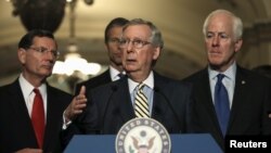 Republican support for Trade Promotion Authority was important to passage of the legislation. U.S. Senate Majority Leader Mitch McConnell (R-KY) leads Republicans in the Senate June 23, 2015. (REUTERS/Gary Cameron)