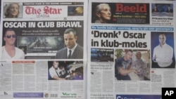 Two Johannesburg newspapers report on Oscar Pistorius, right, recently visited a nightclub with a cousin and was allegedly accosted by a man, Jared Mortimer, left and center, who aggressively questioned him about his murder trial, July 15, 2014.