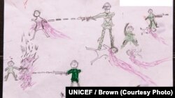 Drawing by a Rohingya boy, Abdul, reveals horrific experiences he endured while fleeing from Myanmar to Bangladesh, at a child-friendly space at the Balukhali makeshift refugee camp in Cox’s Bazar district, Bangladesh, Oct. 2, 2017. 
