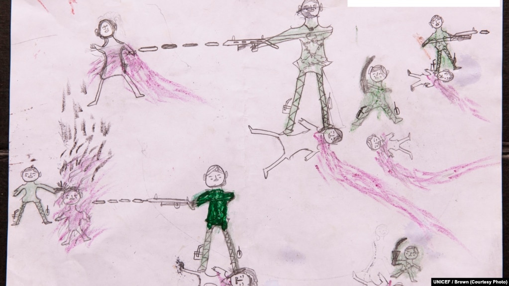  Drawing by a Rohingya boy, Abdul, revealing the horrific experiences he endured while fleeing from Myanmar to Bangladesh, at the children friendly space at the Balukhali makeshift refugee camp in Cox’s Bazar district in Bangladesh. 
