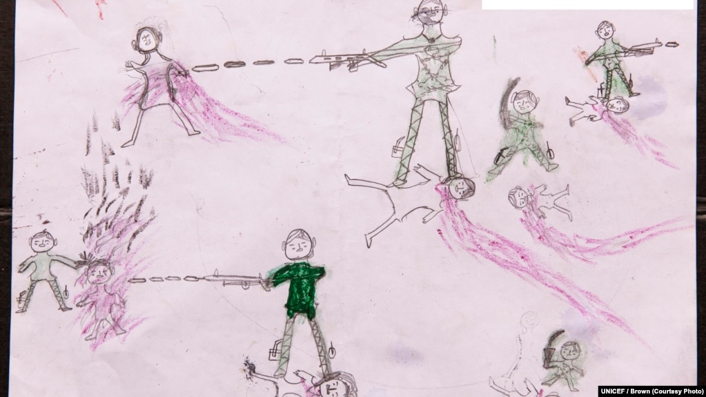 Drawing by a Rohingya boy, Abdul, revealing the horrific experiences he endured while fleeing from Myanmar to Bangladesh, at the children friendly space at the Balukhali makeshift refugee camp in Cox’s Bazar district in Bangladesh.