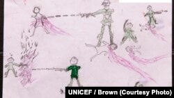  Drawing by a Rohingya boy, Abdul, revealing the horrific experiences he endured while fleeing from Myanmar to Bangladesh, at the children friendly space at the Balukhali makeshift refugee camp in Cox’s Bazar district in Bangladesh. 