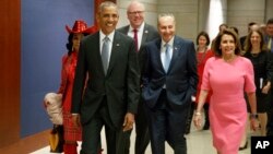 President Barack Obama arrives on Capitol Hill in Washington, Jan. 4, 2017, to meet with members of Congress to discuss his signature healthcare law. 