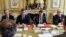 French President Emmanuel Macron, center right, chairs a security council meeting at the Elysee Palace in Paris, 18 May 2017. 