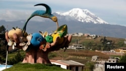 FILE - Ecuador's highest summit, the inactive stratovolcano Chimborazo, located 150 km (93 miles) south-southwest of the capital Quito, is seen from Ambato, March 10, 2011. 