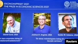 瑞典皇家科学院在斯德哥尔摩宣布今年诺贝尔经济学奖得主时在屏幕上展示的三位得奖人卡德、安格里斯特和因本斯的照片。(2021年10月11日)