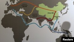 Map illustrating China's "One Belt, One Road" megaproject at the Asian Financial Forum in Hong Kong, Jan. 18, 2016.