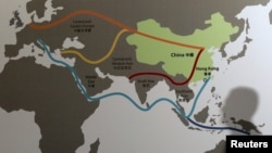 Map illustrating China's "One Belt, One Road" megaproject at the Asian Financial Forum in Hong Kong, Jan. 18, 2016.